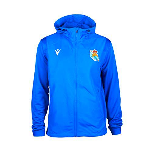 Real Sociedad | Official Travel Jacket | Zipped, Sportive and with a Hood with Elastic Fastening | Polyester | Black and Blue| Size JM