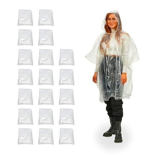 Relaxdays Pack 20 Chubasqueros Desechables, Ponchos Lluvia Capucha