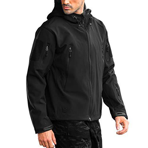 FREE SOLDIER Chaquetas Invierno para Hombre Cazadoras Militar Softshell Ropa de Trabajo Impermeable con Forro Polar para Exteriores Chaquetas de Caza Multibolsillos con Capucha (Negro,XL)