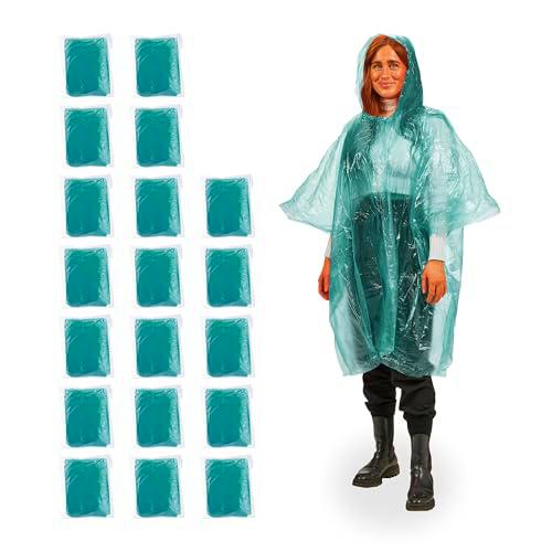 Relaxdays Pack 20 Chubasqueros Desechables, Ponchos de Lluvia con Capucha