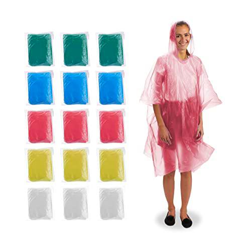 Relaxdays Lluvia desechable, Juego de 15 Unidades, con Capucha